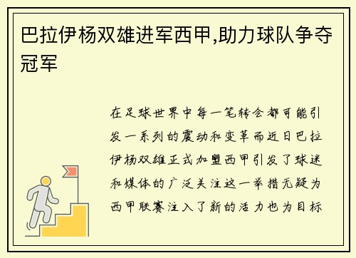 巴拉伊杨双雄进军西甲,助力球队争夺冠军
